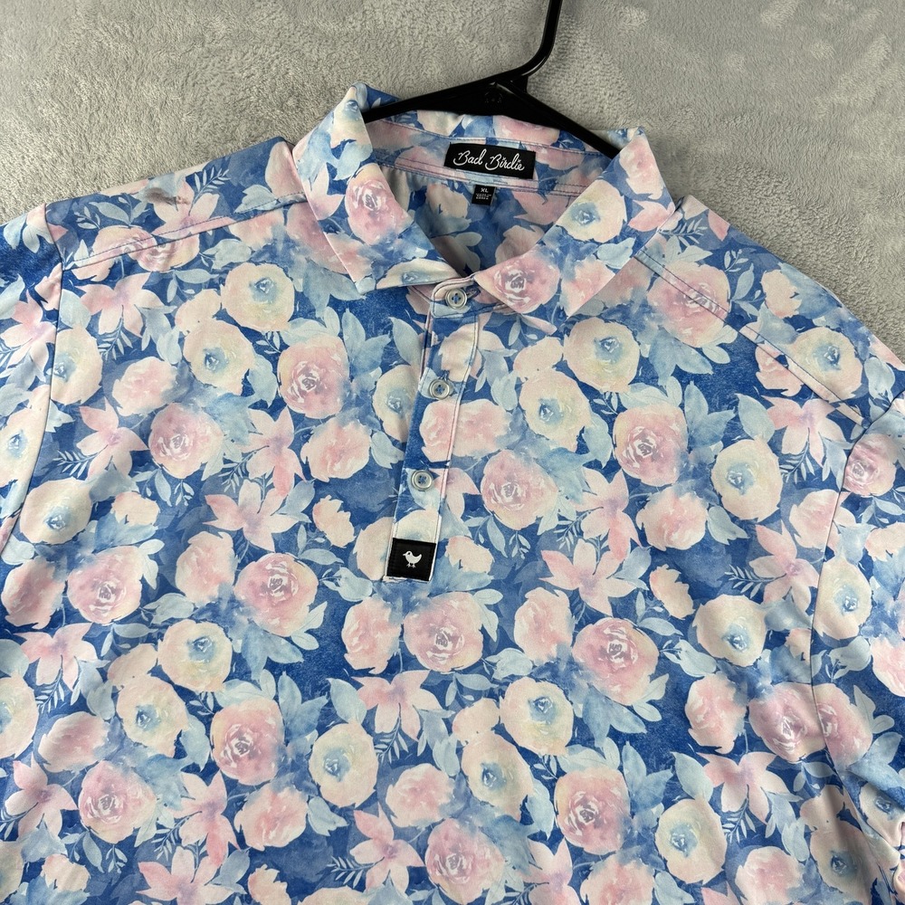 Bad Birdie Polo Shirt Mens XL Floral Print Golf Performance Stretch Multicolor